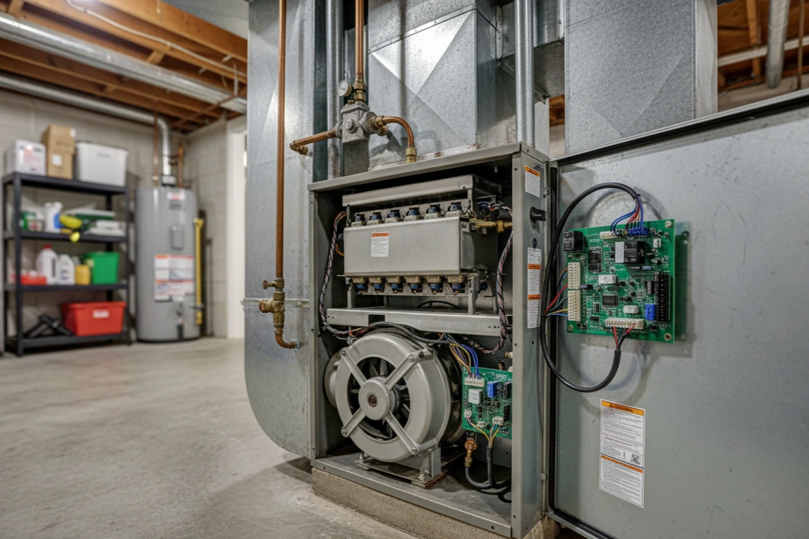 Technician inspecting a furnace system.