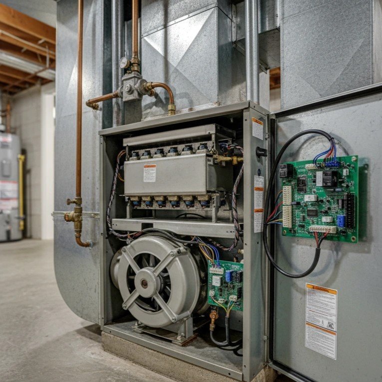 Technician completing a furnace tune-up.