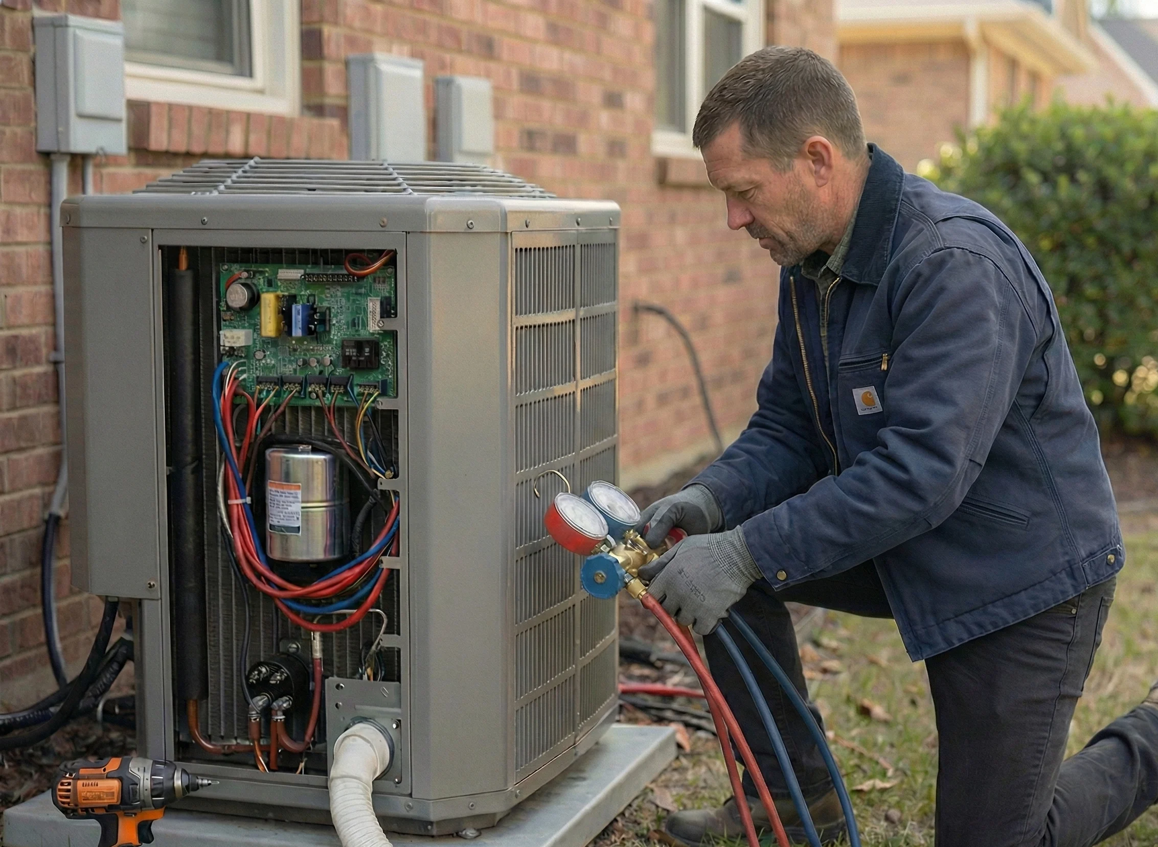 Professional Air Dynamics of Tulsa technician diagnosing an HVAC system for repair in Tulsa, OK.