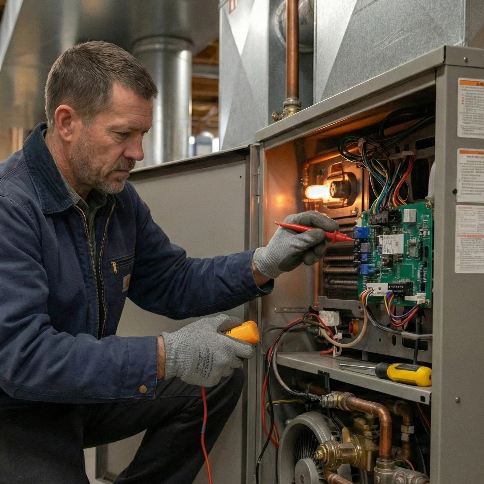 Technician inspecting a furnace system.